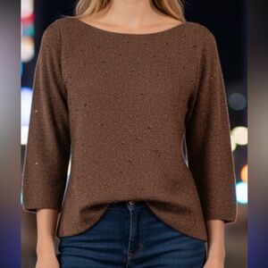 Eileen Fisher brown beaded merino wool scoop neck Knit Top  Sparkle 3/4 sleeve M